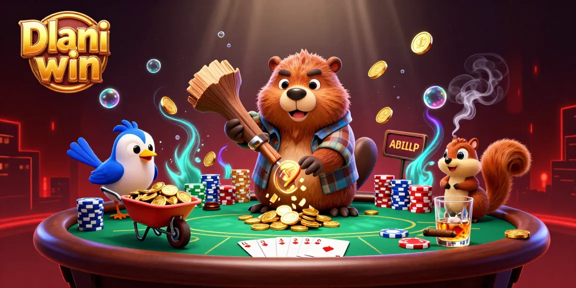 Dhani win showcases a lively scene with a lumberjack beaver, poker elements, and gold coins cascading, capturing the excitement of online gaming.