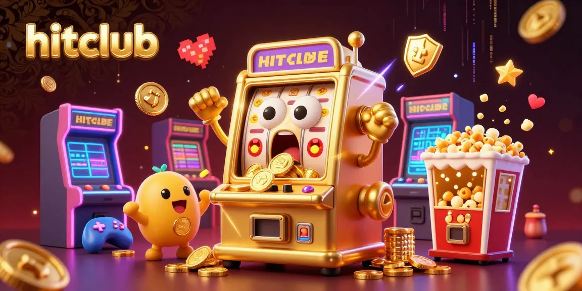 Hitclub creates excitement as a golden slot machine wins, surrounded by cheering baby slots and arcade elements.