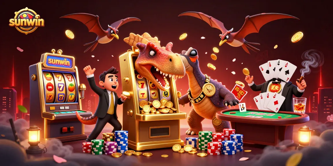 Catch golden coins at sunwin as a pachycephalosaurus plays a golden slot machine.