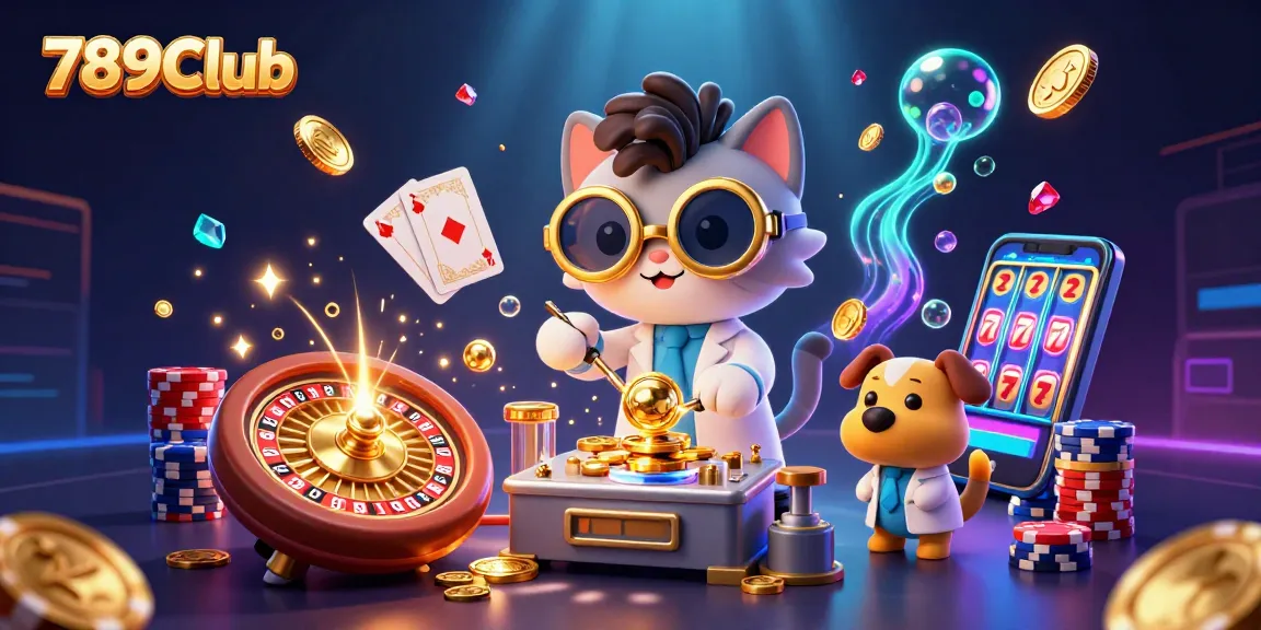 Experience thrilling gameplay at 789Club with mad scientist cat and glittering casino elements.