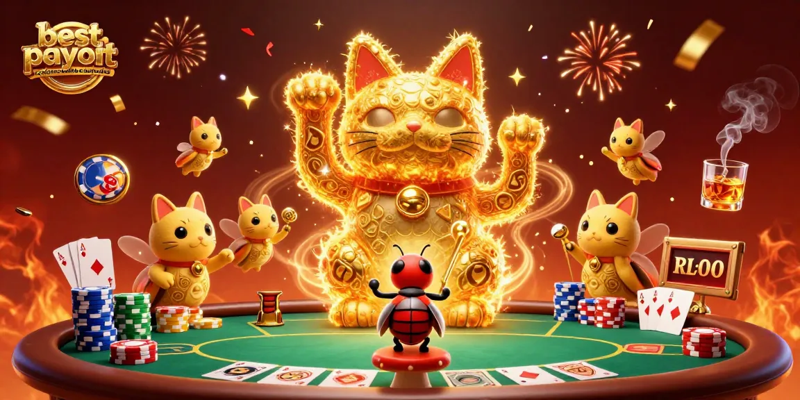Engage in the excitement at the best payout casinos online Australia featuring a golden lucky cat surrounded by poker elements.