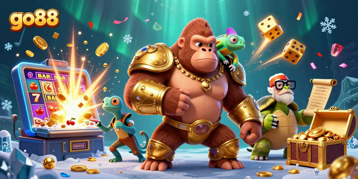 Experience go88's thrilling jackpot with a gorilla king and chameleon in a vibrant casino scene.